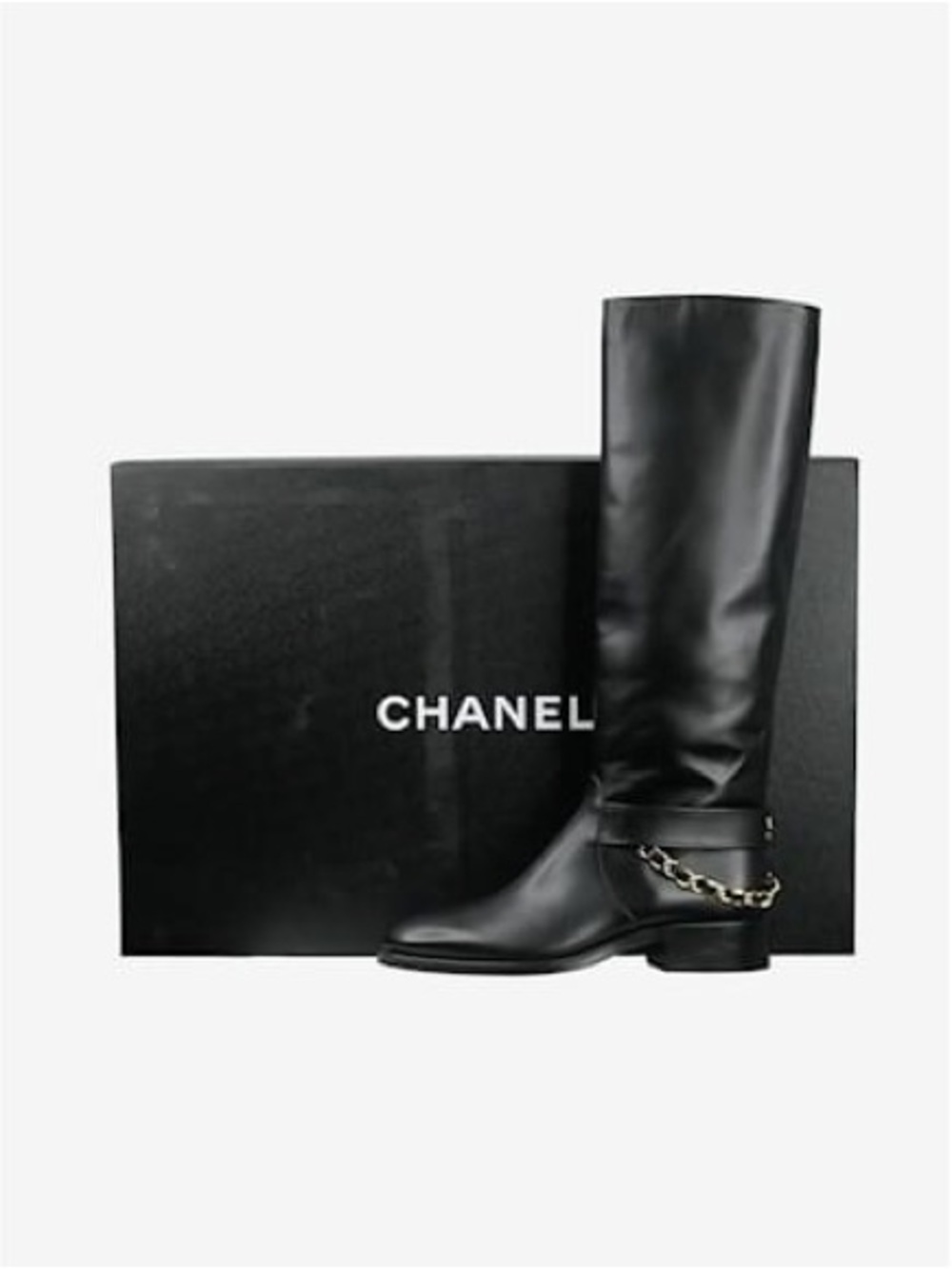 CHANEL Black Leather Knee-High Chain Detail Boot